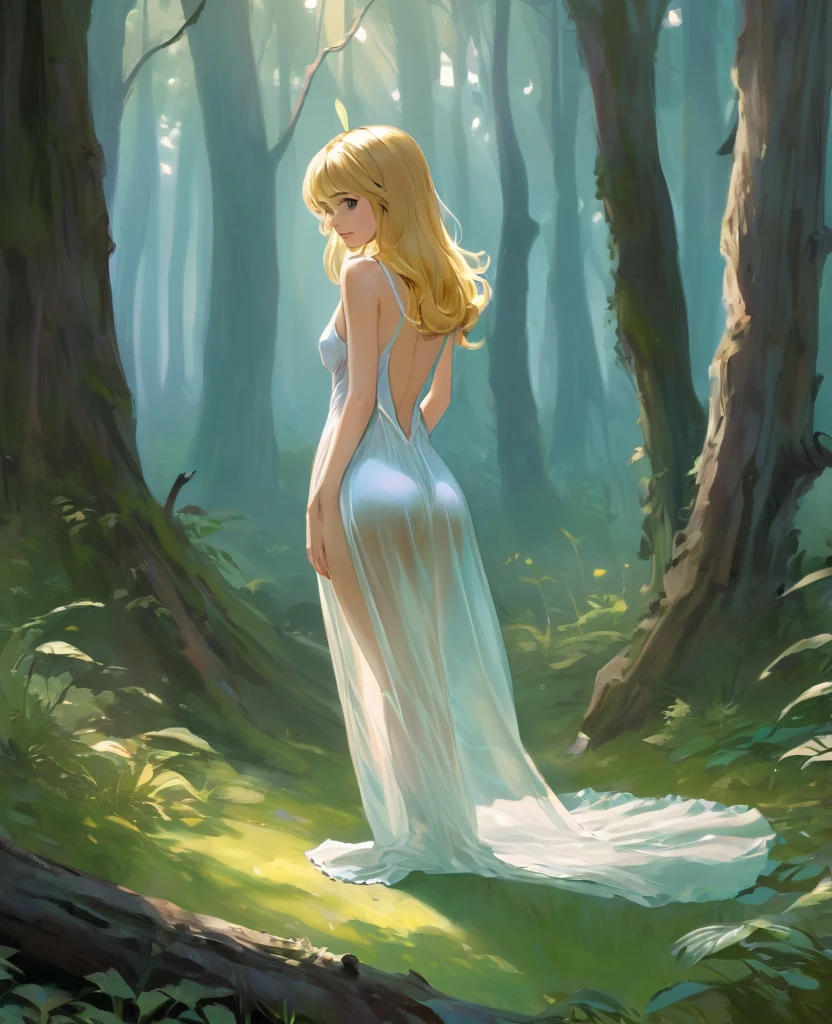Alice had her back to him, her body was a work of art, when she stretched, her short and transparent nightgown did not hide her figure. noting the curve of her spine, the bulge of her thigh bones and the soft swell of her ass. Background - camp in the forest
