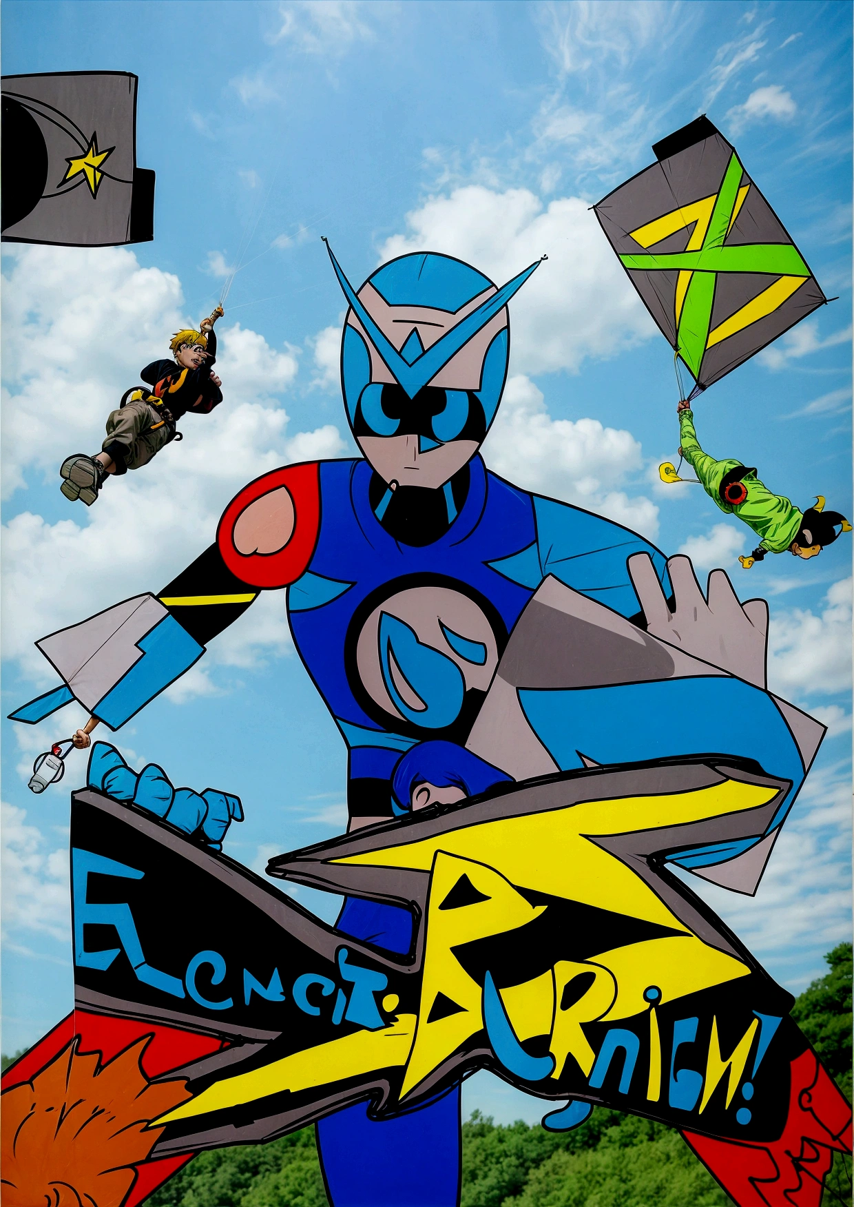 there is a cartoon of a man holding a kite and a sign, an epic anime of a energy man, promotional art, comic book's cover, official art, official artwork, promotional artwork, flying anime esper, comic cover, tekkon kinkret, kamen rider character, g - man ending, anime cover, digital art!!, eboy, art cover