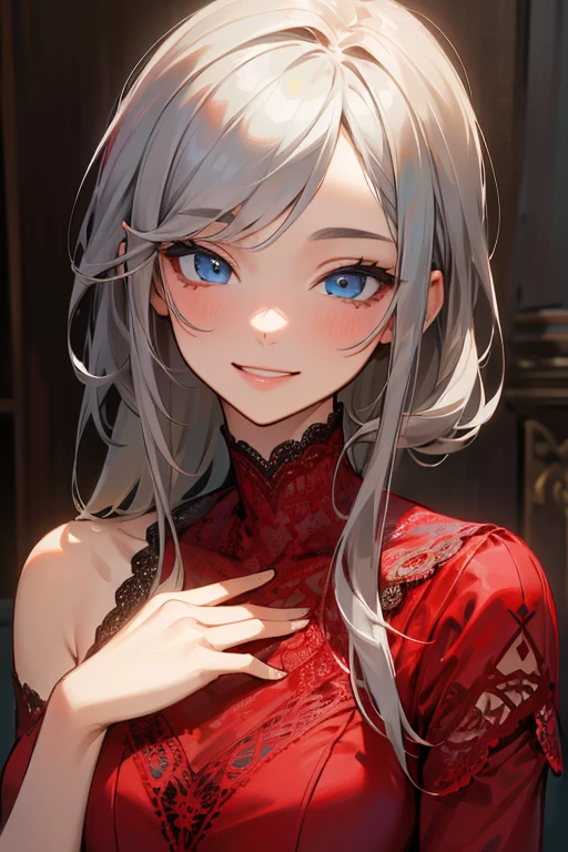 (masterpiece: 1.2, Highest quality), (Actual Photos, Intricate details), 1. woman, alone, Upper Body, casual, Shoulder-length hair, Minimal makeup, Natural materials, Face close-up, smile, Home, Gray Hair, blue eyes, Shoulder Bare、Smiling with teeth showing、((Red lace outfit))