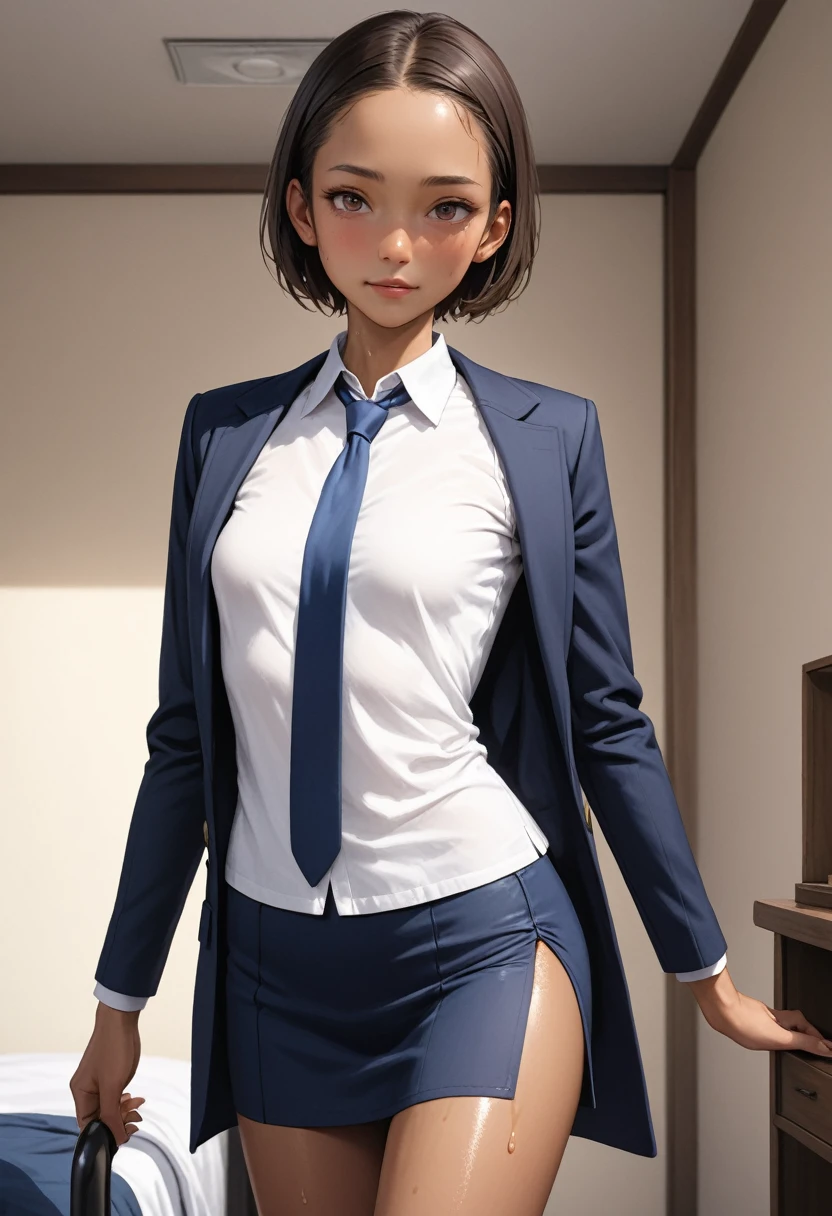 (masterpiece,Highest quality:1.3,best quality illustration,realistic),cowboy shot,1woman,20 year old Japanese beauty,((very small head:1.3)),brown short bob hair,bangs,brown eyes,gorgeous eyes,blush,smile,small breasts,((very long body:1.3)),((toned body,slender body,skinny,tan skin)),(navy uniform、Dark blue blazer jacket、White Shirt、Navy blue tie、Navy blue tight skirt),gleaming skin,shiny skin,sweat,standing,Bedroom、Naval Base、