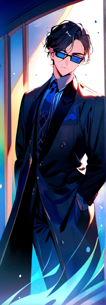 young man, long black hair that hits the shoulders wearing square glasses with black and blue frames amidst a blue watercolor