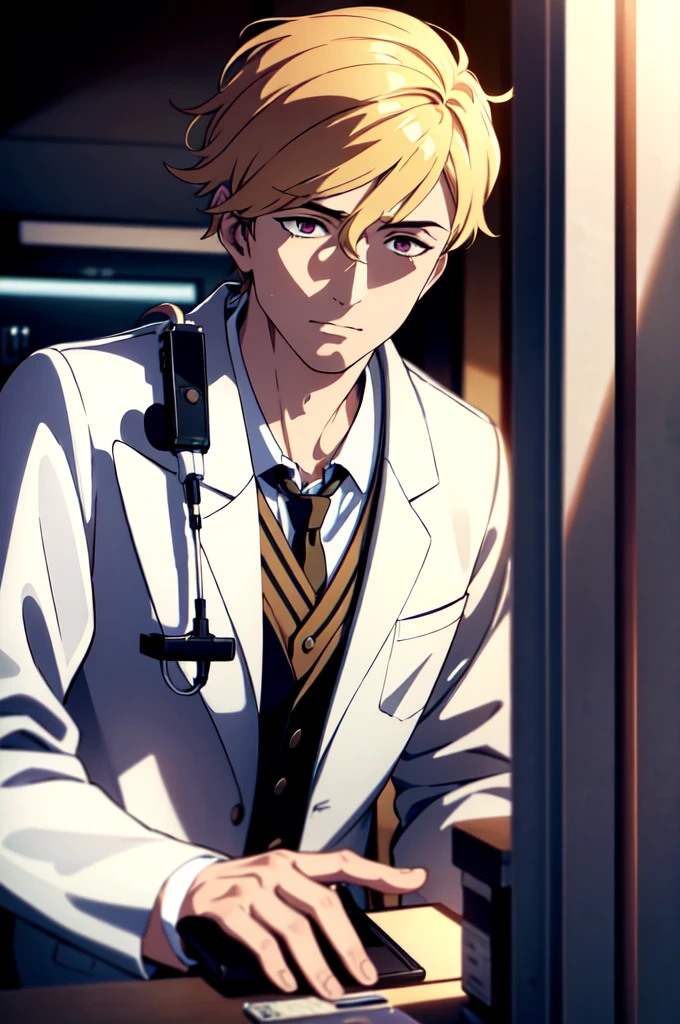 a male doctor, photorealistic, intricate details, medical uniform, stethoscope, medical equipment, professional, serious expression, detailed facial features, hyper realistic skin, detailed hands, office background, natural lighting, cinematic composition, warm color tones, highly detailed, 8k, masterpiece