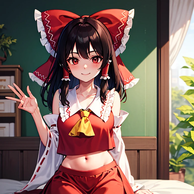 Reimu smiling as she speaks in her room
