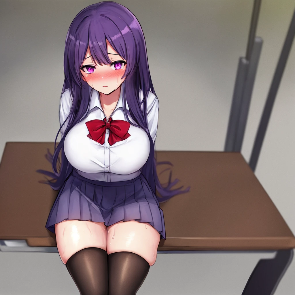 score_9,score_8_up,score_7_up,1girl,Anime girl, sitting at the desk,Long hair,Violet hair, Light violet bangs,Left red eye, Right Violet eye, Annyoned,Solo, Sweating, ,Gray skirt,Black stockings, looking at viewer, School Room, annyoned, Blushing hard,Tall, curvy