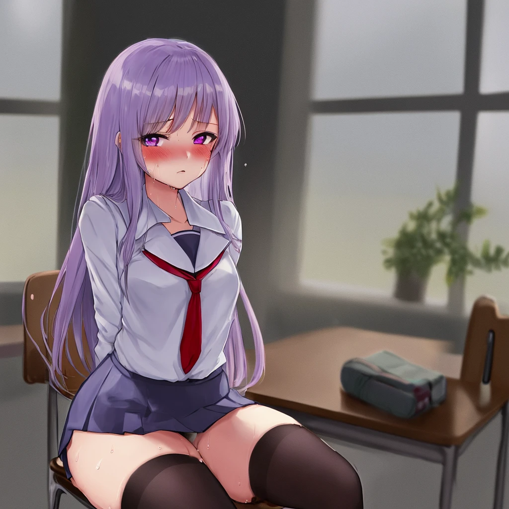 score_9,score_8_up,score_7_up,1girl,Anime girl, sitting at the desk,Long hair,Violet hair, Light violet bangs,Left red eye, Right Violet eye, Annyoned,Solo, Sweating, ,Gray skirt,Black stockings, looking at viewer, School Room, annyoned, Blushing hard,Tall, curvy 