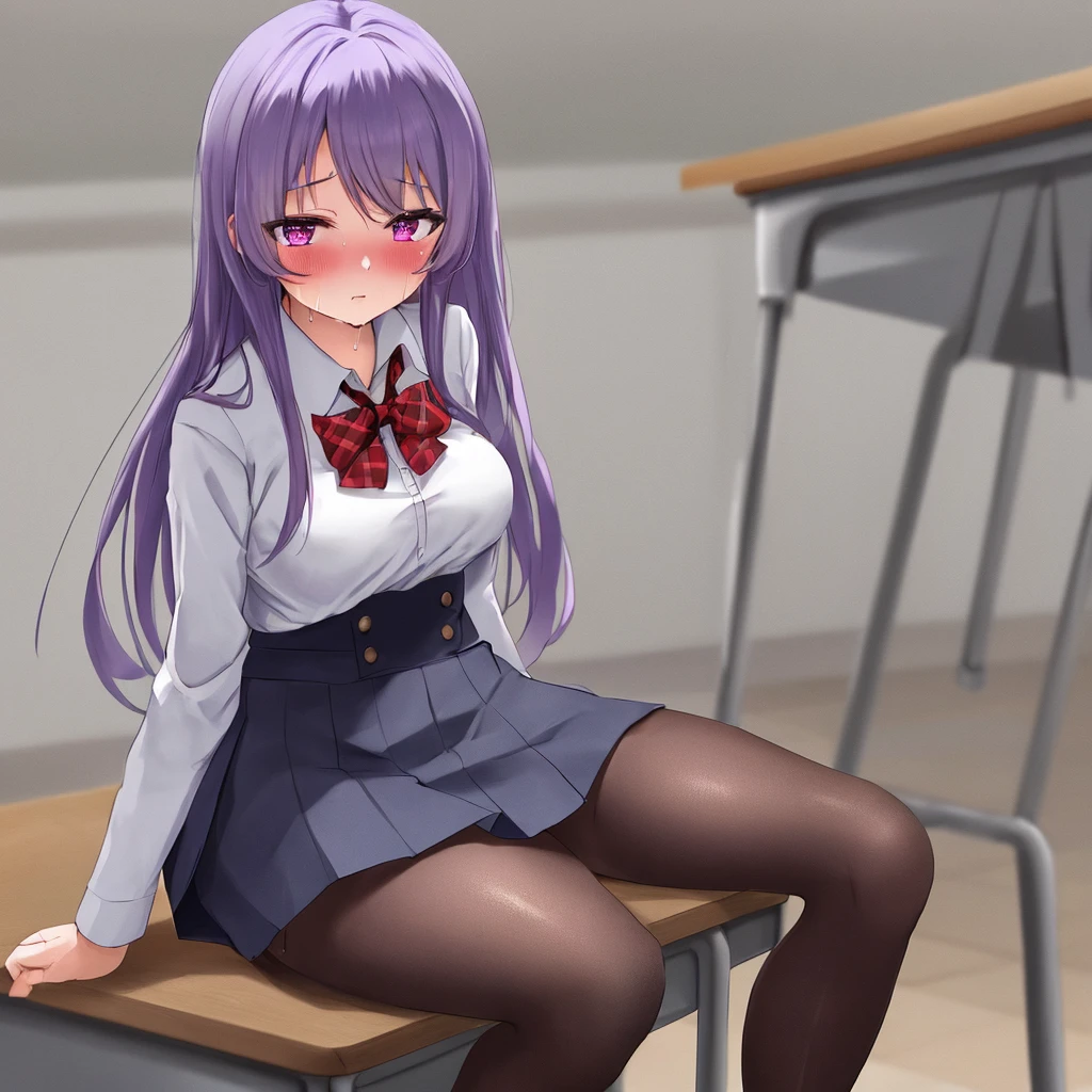 score_9,score_8_up,score_7_up,1girl,Anime girl, sitting at the desk,Long hair,Violet hair, Light violet bangs,Left red eye, Right Violet eye, Annyoned,Solo, Sweating, ,Gray skirt,Black stockings, looking at viewer, School Room, annyoned, Blushing hard,Tall, curvy 