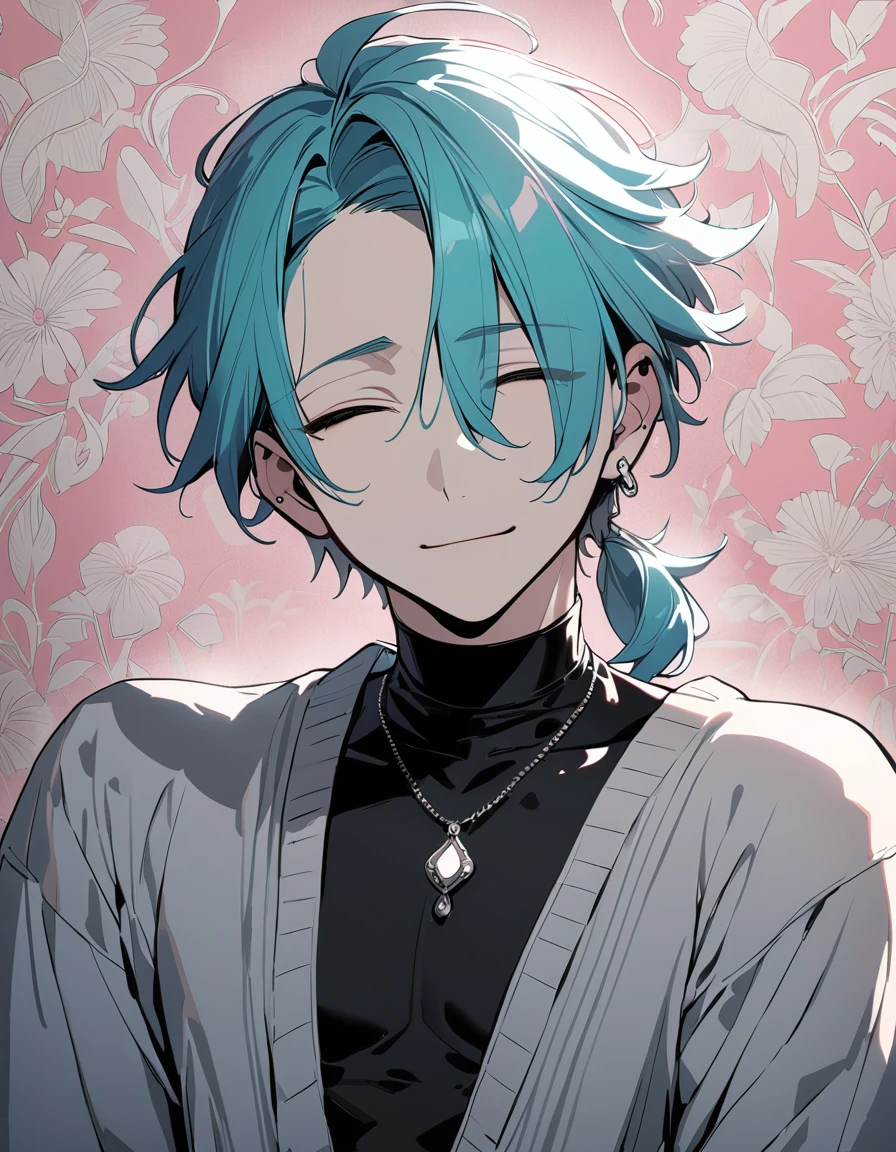 ((((best masterpiece, best quality, wallpaper,)))) solo, guy, male body, small muscles, flat chest, 1male, 30 years old, handsome man, upper body, looking at viewers, beautiful detailed, seductive smile, mediumturquoise hair, ((((Lower short ponytail)))), asymmetrical bangs, ((short hair,)) (((light smile, closed eyes, tareme, droopy eyes,))) (((perfect face,))) perfect hands, sharp nose, clear face, black turtleneck, grey cardigan, ((silver piercing, pendant,)) leggings, pink background color ultrasharp, 8K, masterpiece,