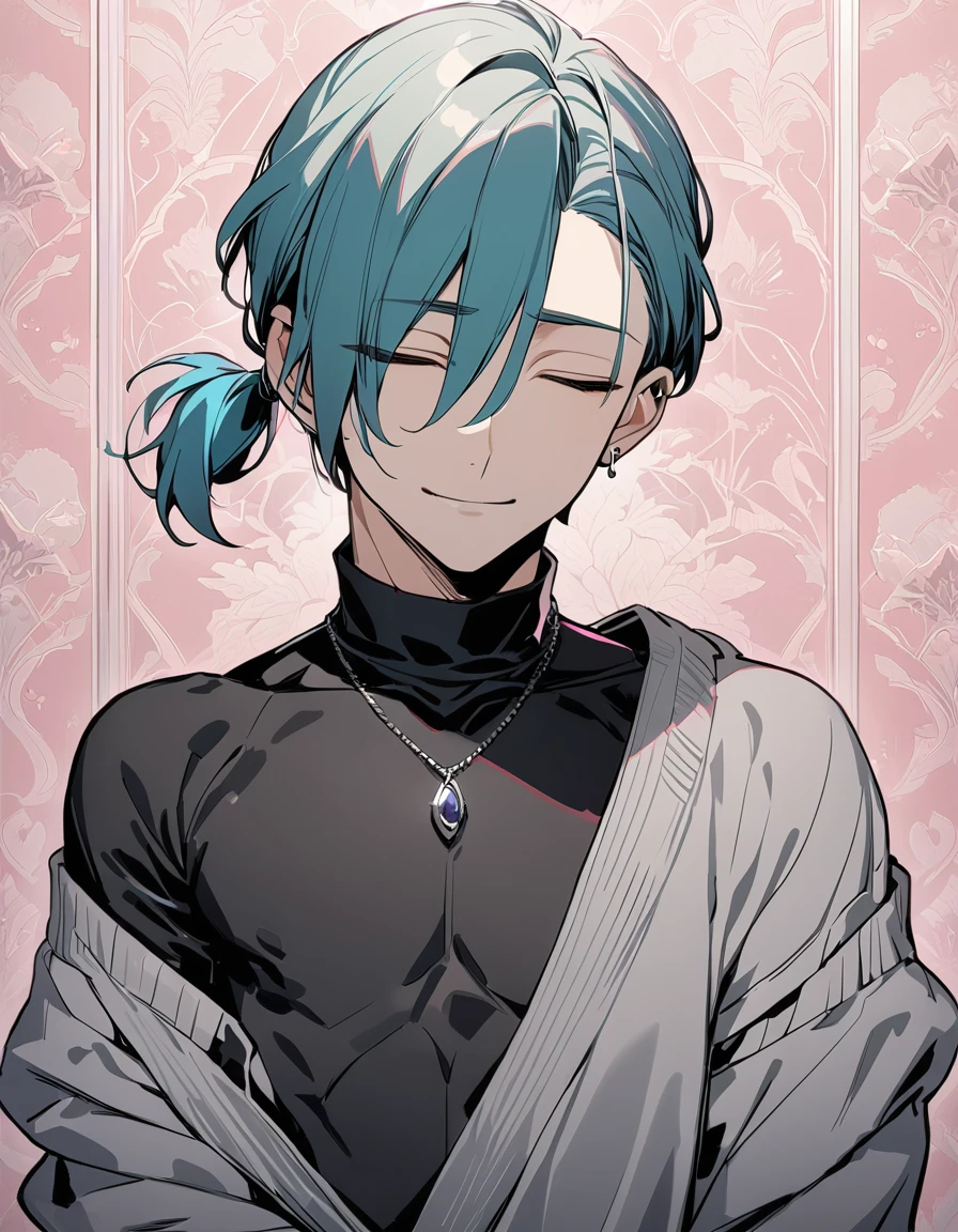 ((((best masterpiece, best quality, wallpaper,)))) solo, guy, male body, small muscles, flat chest, 1male, 30 years old, handsome man, upper body, looking at viewers, beautiful detailed, seductive smile, mediumturquoise hair, ((((Lower short ponytail)))), asymmetrical bangs, ((short hair,)) (((light smile, closed eyes, tareme, droopy eyes,))) (((perfect face,))) perfect hands, sharp nose, clear face, black turtleneck, grey cardigan, ((silver piercing, pendant,)) leggings, pink background color ultrasharp, 8K, masterpiece,