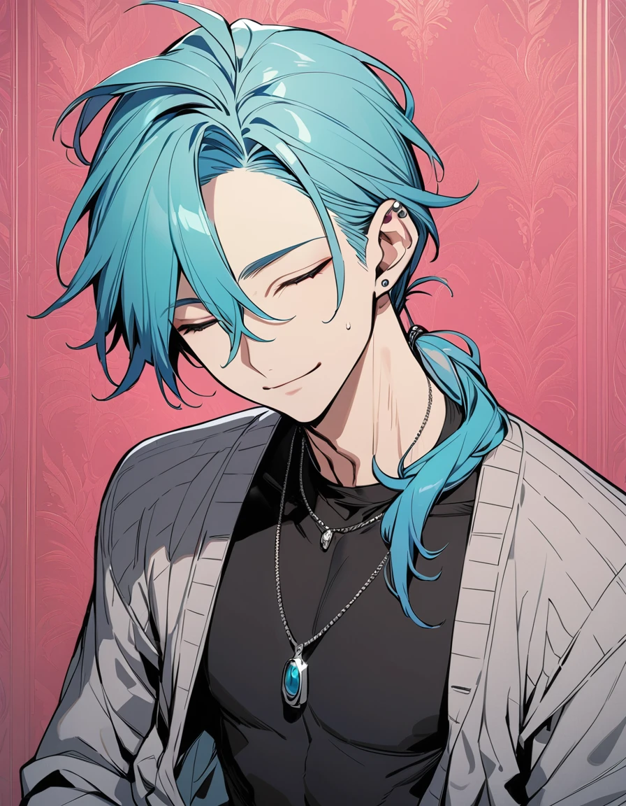 ((((best masterpiece, best quality, wallpaper,)))) solo, guy, male body, small muscles, flat chest, 1male, 30 years old, handsome man, upper body, looking at viewers, beautiful detailed, seductive smile, mediumturquoise hair, ((((Lower short ponytail)))), asymmetrical bangs, ((short hair,)) (((light smile, closed eyes,  tareme, droopy eyes,))) (((perfect face,))) perfect hands, sharp nose, clear face, black turtleneck, grey cardigan, ((silver piercing, pendant,)) leggings, pink background color ultrasharp, 8K, masterpiece,