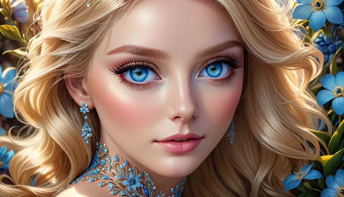 Beautiful blonde haired blue eyed woman, Elegant and exquisite, flower, Highly detailed face, Detailed eyes, beautiful long eyelashes, complicated details, Award-winning digital art, movie light, Amazing color, realistic, 8K, Masterpiece