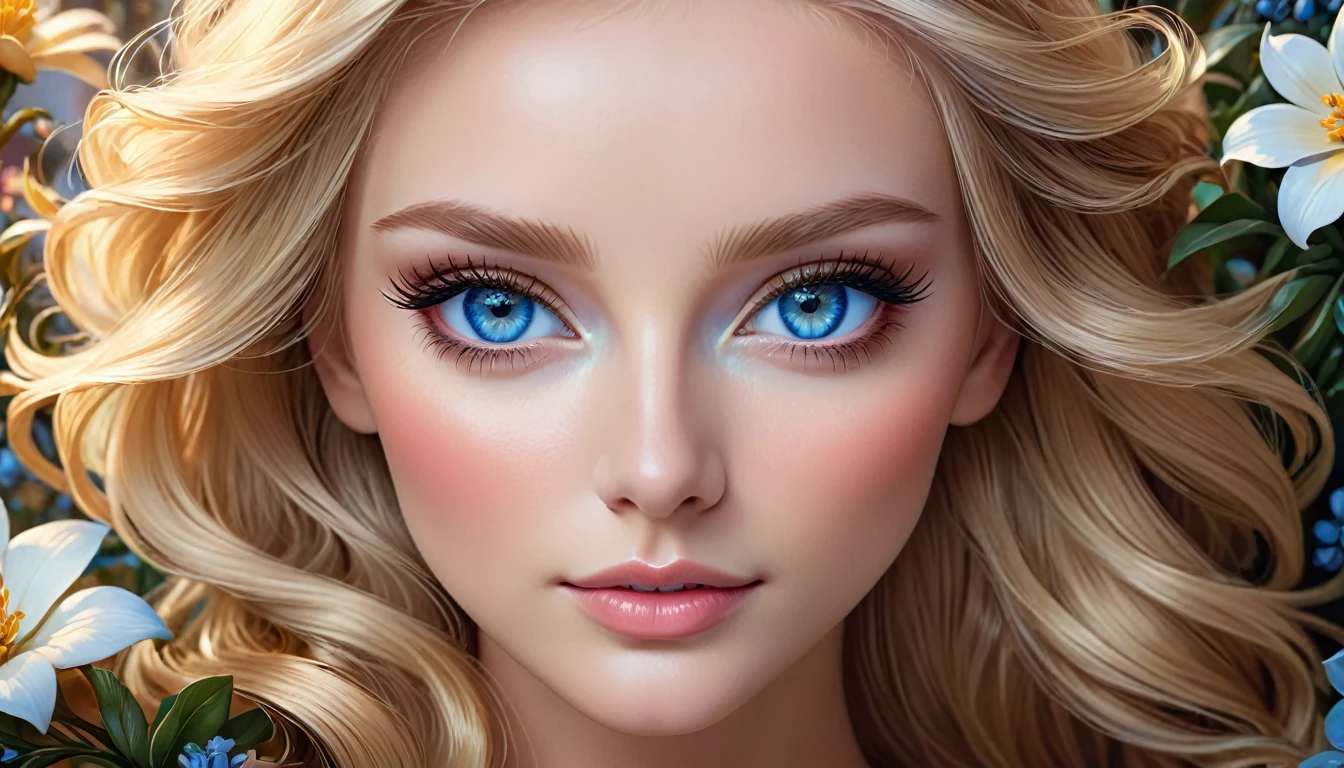 Beautiful blonde haired blue eyed woman, Elegant and exquisite, flower, Highly detailed face, Detailed eyes, beautiful long eyelashes, complicated details, Award-winning digital art, movie light, Amazing color, realistic, 8K, Masterpiece