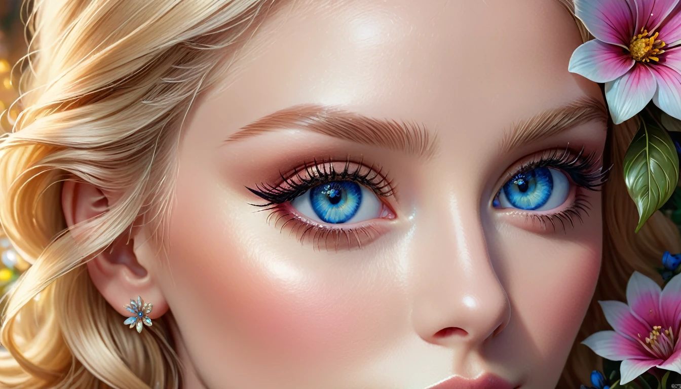 Beautiful blonde haired blue eyed woman, Elegant and exquisite, flower, Highly detailed face, Detailed eyes, beautiful long eyelashes, complicated details, Award-winning digital art, movie light, Amazing color, realistic, 8K, Masterpiece