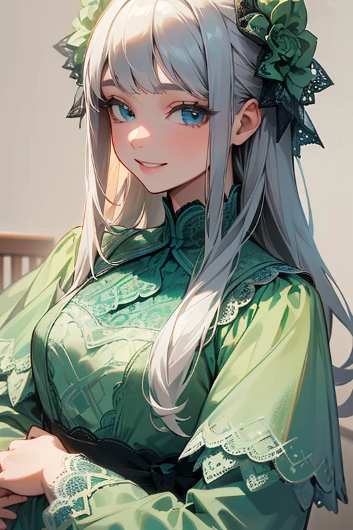 (masterpiece: 1.2, Highest quality), (Actual Photos, Intricate details), 1. woman, alone, Upper Body, casual, Shoulder-length hair, Minimal makeup, Natural materials, Face close-up, smile, Home, Gray Hair, blue eyes, Shoulder Bare、Smiling with teeth showing、((Green lace outfit))