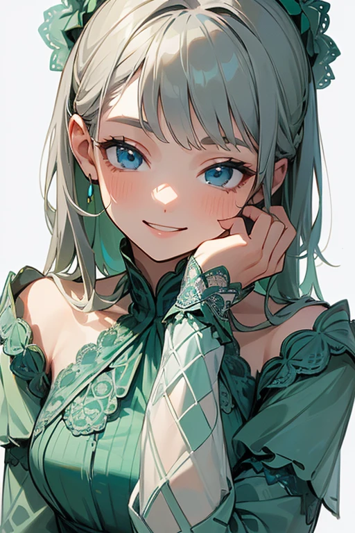(masterpiece: 1.2, Highest quality), (Actual Photos, Intricate details), 1. woman, alone, Upper Body, casual, Shoulder-length hair, Minimal makeup, Natural materials, Face close-up, smile, Home, Gray Hair, blue eyes, Shoulder Bare、Smiling with teeth showing、((Green lace outfit))