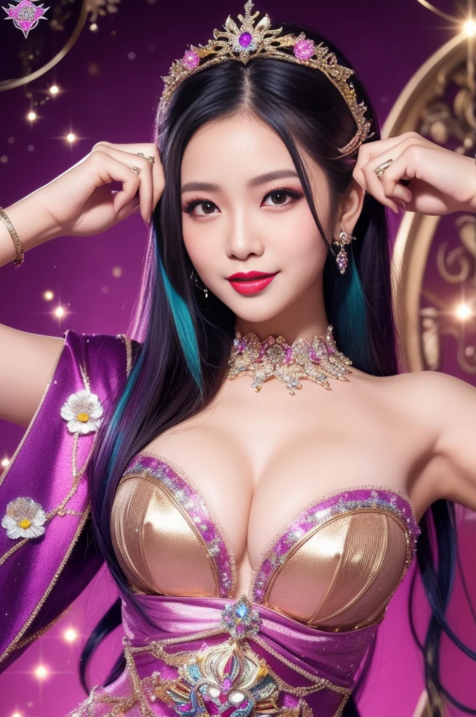 sexy Thai model who controls poison、beautiful smile、lip-gloss、bold lipstick、ultra detailed metallic makeup、look at the camera、full body Esbian、、sparkling poisoned flower costume、、、、sparkling Colorful hair、secrete poison、skull hair accessories、sexy tights、shiny sparkling flowers background