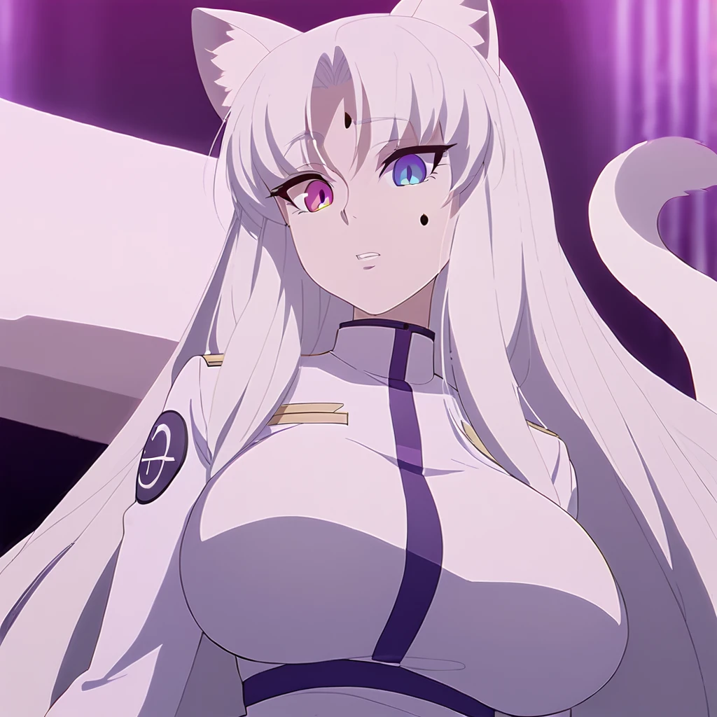 beautiful white neko, long white neko ears, white neko tail, anime style, purple eye, blue eye, big breasts, extremely detailed eyes and face, Wearing White and Purple Mechanic outfit, white long hair, heterochromia, wide waist, mature woman, black small beauty mark under right eye