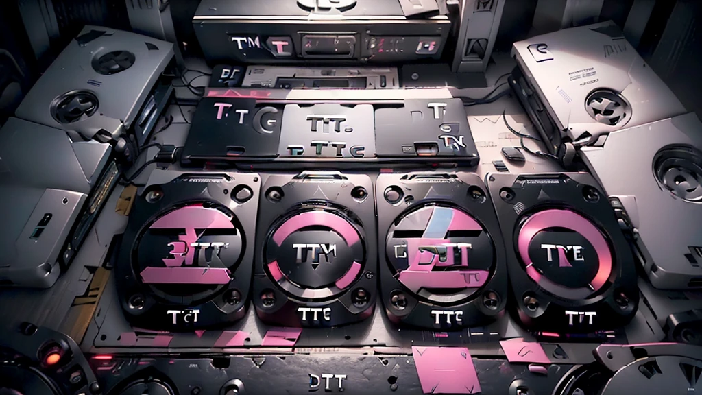 (DTG: 1.8), (DTG letters: 1.8), (Three letters: 1.8), DJ set, Music, cassette, CD Player, Futuristic device for music playing, Music reproducer, Lo-fi, writing, abstract, colorful, high resolution, high quality, neon colors, dark grey background, black grey grdient