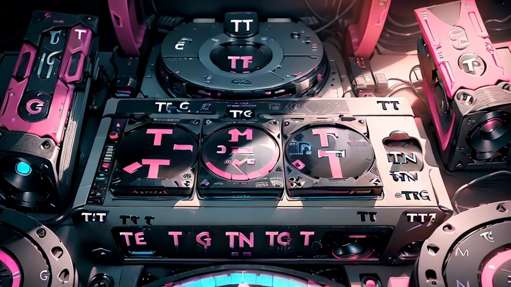 (DTG: 1.8), (DTG letters: 1.8), (Three letters: 1.8), DJ set, Music, cassette, CD Player, Futuristic device for music playing, Music reproducer, Lo-fi, writing, abstract, colorful, high resolution, high quality, neon colors, dark grey background, black grey grdient