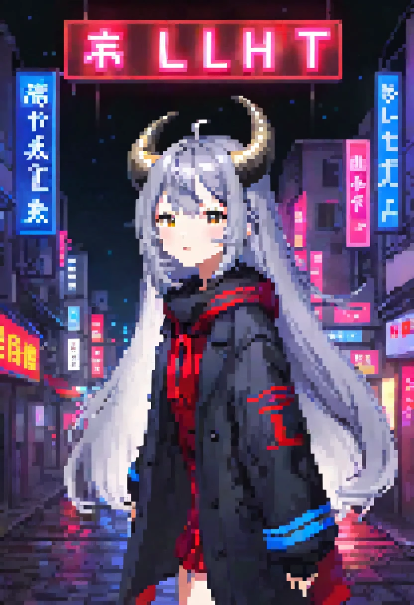 1girl, gray hair、long hair、Ahoge、Neon Night、neon sign、City、red and blue light、Laplus Darknesss、horn