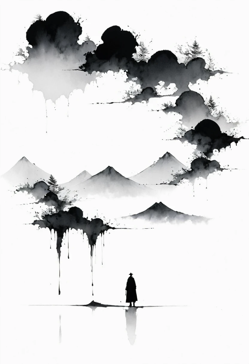(Lots of white space:1.5)，(Lots of white space:1.6), Huge negative space,White background, simple, Minimalism, Abstract,Hand Painted，Aesthetic，black and white，Ink Painting，Mountain，solitary Man