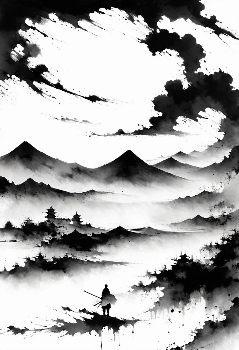(Lots of white space:1.5),(Lots of white space:1.6), Huge negative space,White background, simple, Minimalism, Abstract,Hand Painted,Aesthetic,black and white,Ink Painting,Mountain,solitary Man