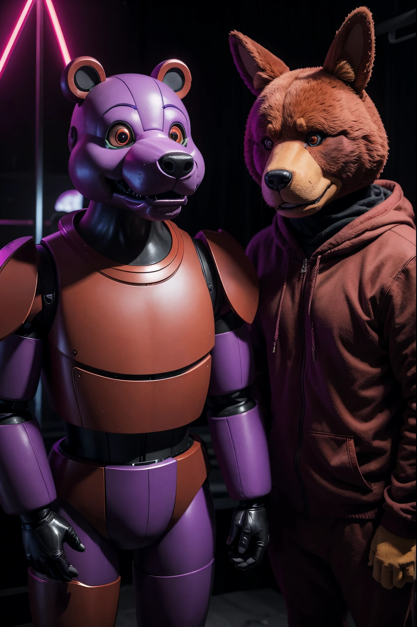 Terrifying animatronic red bear with an animatronic purple rabbit at his side. FNAF style