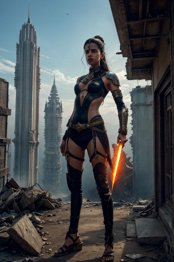 Centerpiece: A powerful image of Kalki, depicted as a futuristic warrior, standing tall with a glowing sword in hand, embodying both ancient divinity and advanced technology.Background: A dystopian cityscape, blending elements of futuristic architecture with ruins, highlighting the chaos and decay of the world.Supporting Characters: Flanking Kalki, include key characters like Anurag (modern-day Kalki) and Ankit (Bhairav), showcasing their determination and readiness for battle.Symbolism: Incorporate symbols of justice, hope, and renewal, such as a rising sun or a phoenix.