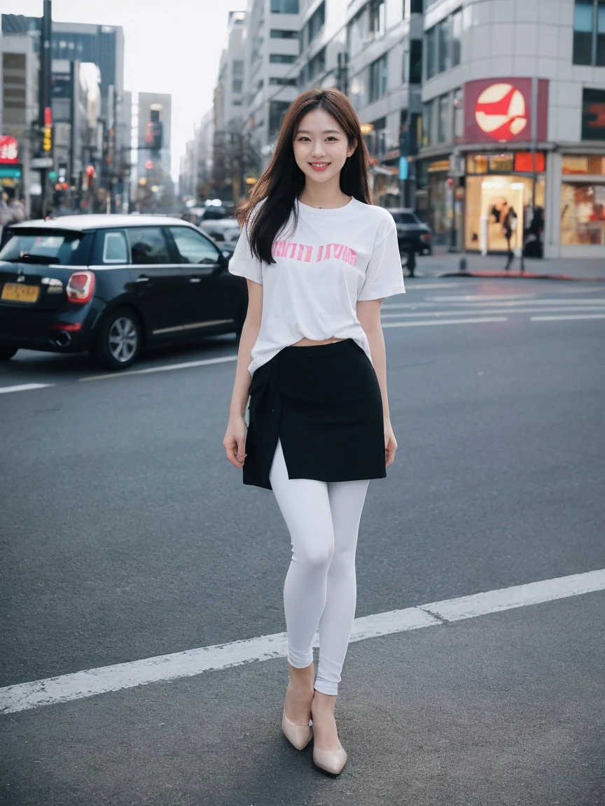 Realistic,score_9, score_8_Excellent, score_7_Excellent, cytologically correct,1人of女性(40s:2.0),alone,Tie long hair to the side,From before,Face Focus,(View your viewers:1.2),A kind smile(Laugh with your mouth closed:1.2),Full body portrait(Medium:1.2),bright,Polaroid,(depth_of_Field:1.5),晴れof日,Outdoor,street,目of間of毛,Moody lighting,Lens flare,Available Light,Rim Light,Shining neon lights,Curvy,Standing posture(standing on street corner:1.5),mockupTshirt(Plain:1.7),Tshirtをウエストに入れない,Flared mini skirt,leggings,日本of女性