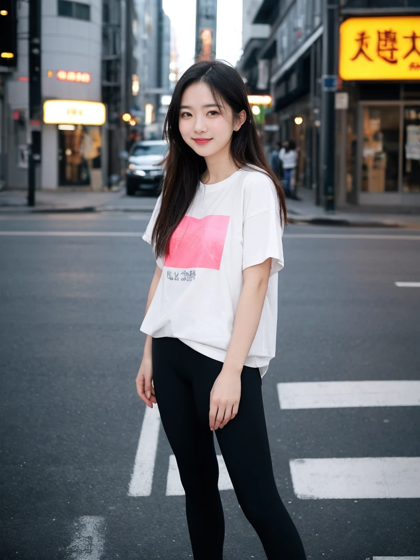 Realistic,score_9, score_8_Excellent, score_7_Excellent, cytologically correct,1人of女性（40s:2.0）,alone,Tie long hair to the side,From before,Face Focus,(View your viewers:1.2),A kind smile（Laugh with your mouth closed:1.2）,Full body portrait(Medium:1.2),bright,Polaroid,(depth_of_Field:1.5),晴れof日,Outdoor,street,目of間of毛,Moody lighting,Lens flare,Available Light,Rim Light,Shining neon lights,Curvy,Standing posture(standing on street corner:1.5),mockupＴshirt(Plain:1.7),Ｔshirtをウエストに入れない,Flared mini skirt,leggings,日本of女性