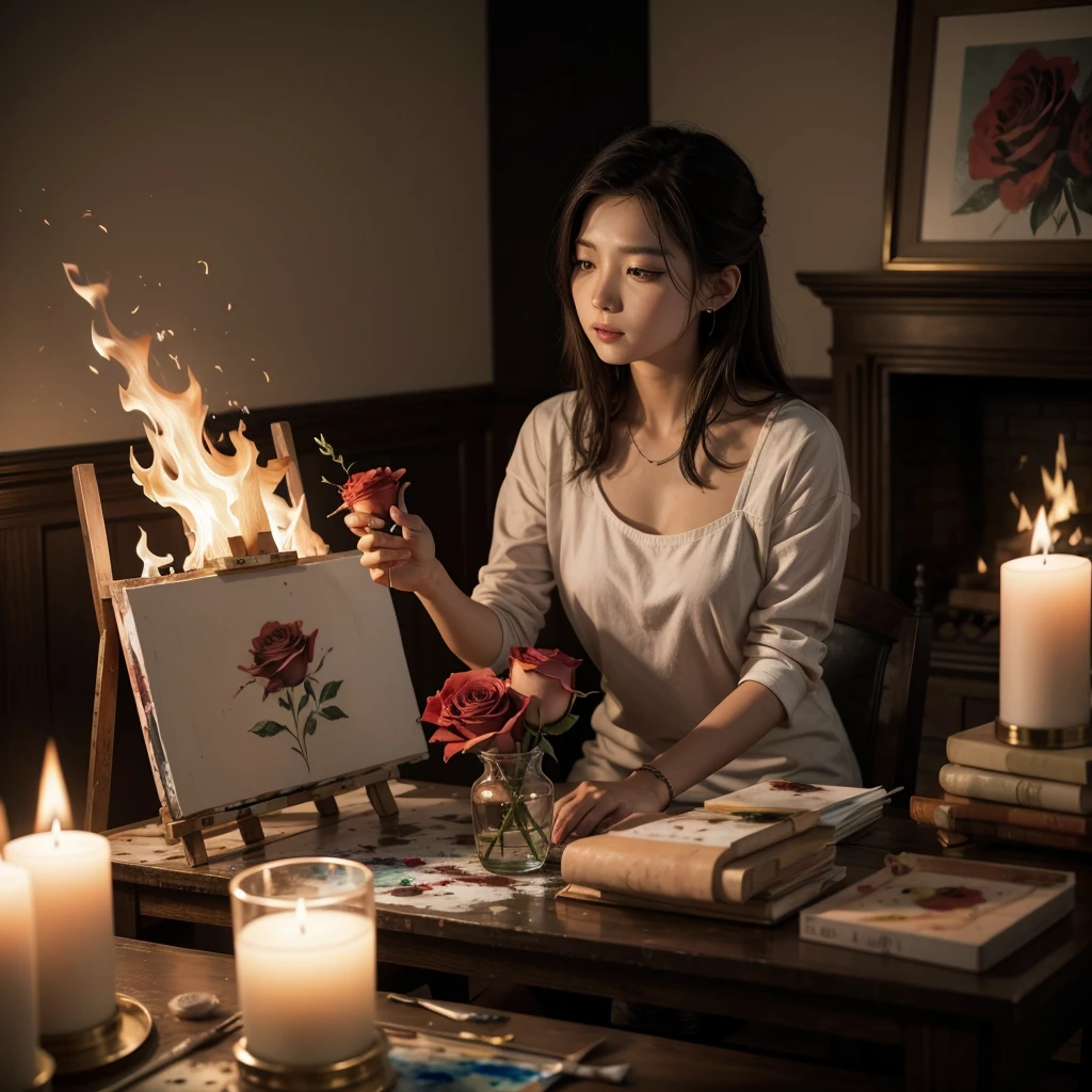 painting with rose on fire