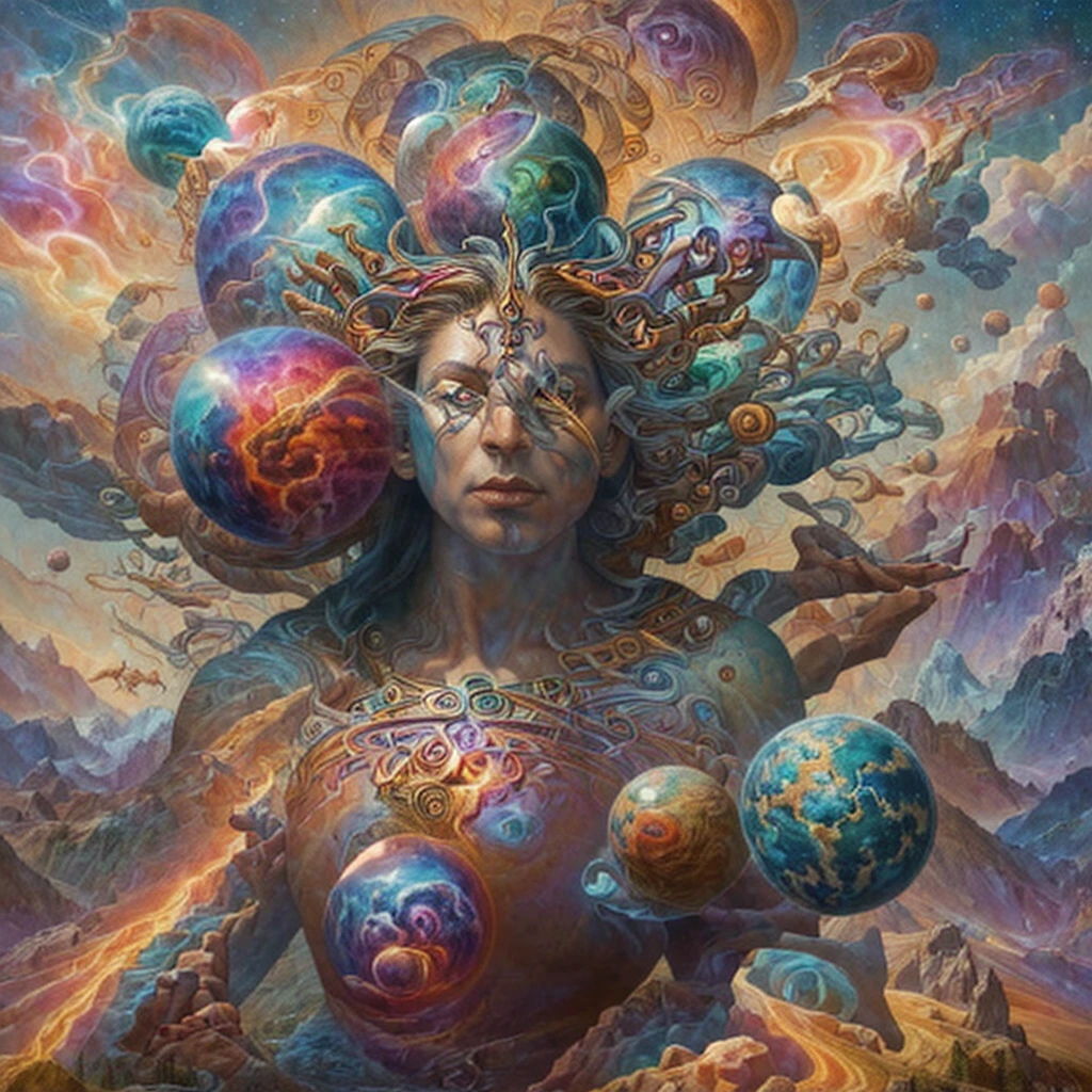 intricate digital painting, influenced by the styles of Brom and Alex Grey, portrays a majestic, deity-like figure manipulating the Earth and celestial bodies, blending surrealism and visionary art to depict a cosmic creator adorned with mystical symbols and surrounded by a vibrant, natural landscape.