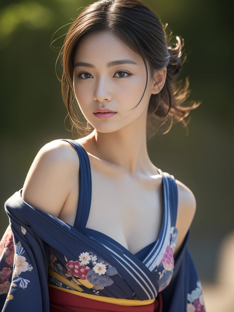 (masterpiece:1.2), ultra detailed, ultra high res, (realistic, photo realistic:1.37), high detail RAW color photo, professional photograph, an extremely delicate and beautiful, extremely detailed, finely detail, huge file size, extremely detailed beautiful girl, extremely detailed face, extremely detailed eyes, extremely detailed skin, extremely detailed nose, extremely detailed mouth, perfect anatomy, highly detailed background, (a famous actress of Japan:1.2), (gal:1.1), Dynamic lighting, full body, (kimono:1.3), bare shoulders, (dynamic pose:1.4), hands are hidden