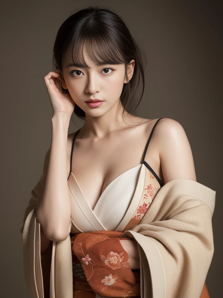 (masterpiece:1.2), ultra detailed, ultra high res, (realistic, photo realistic:1.37), high detail RAW color photo, professional photograph, an extremely delicate and beautiful, extremely detailed, finely detail, huge file size, extremely detailed beautiful girl, extremely detailed face, extremely detailed eyes, extremely detailed skin, extremely detailed nose, extremely detailed mouth, perfect anatomy, highly detailed background, (a famous actress of Japan:1.2), (gal:1.1), Dynamic lighting, full body, (kimono:1.3), bare shoulders, (dynamic pose:1.4), hands are hidden