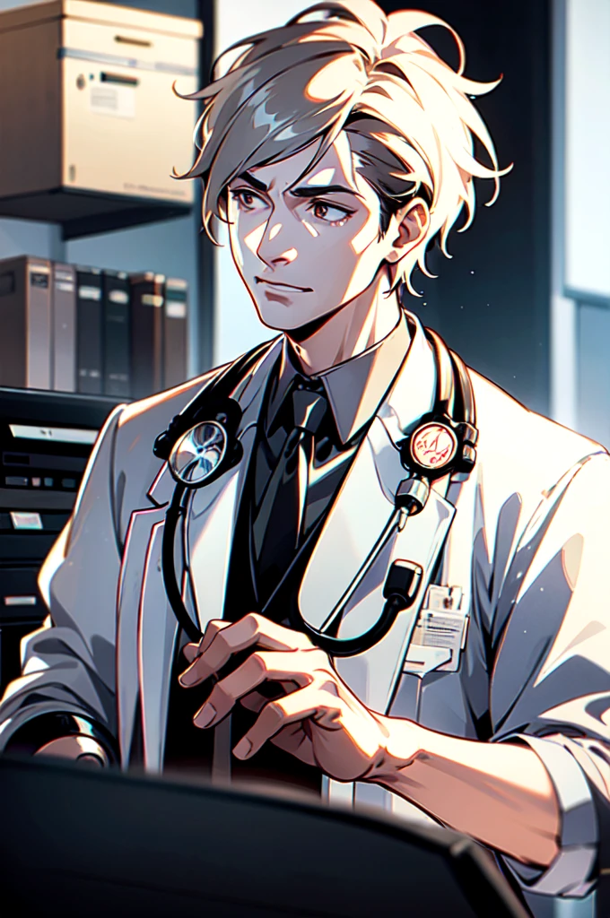a male doctor, photorealistic, intricate details, medical uniform, stethoscope, medical equipment, professional, serious expression, detailed facial features, hyper realistic skin, detailed hands, office background, natural lighting, cinematic composition, warm color tones, highly detailed, 8k, masterpiece