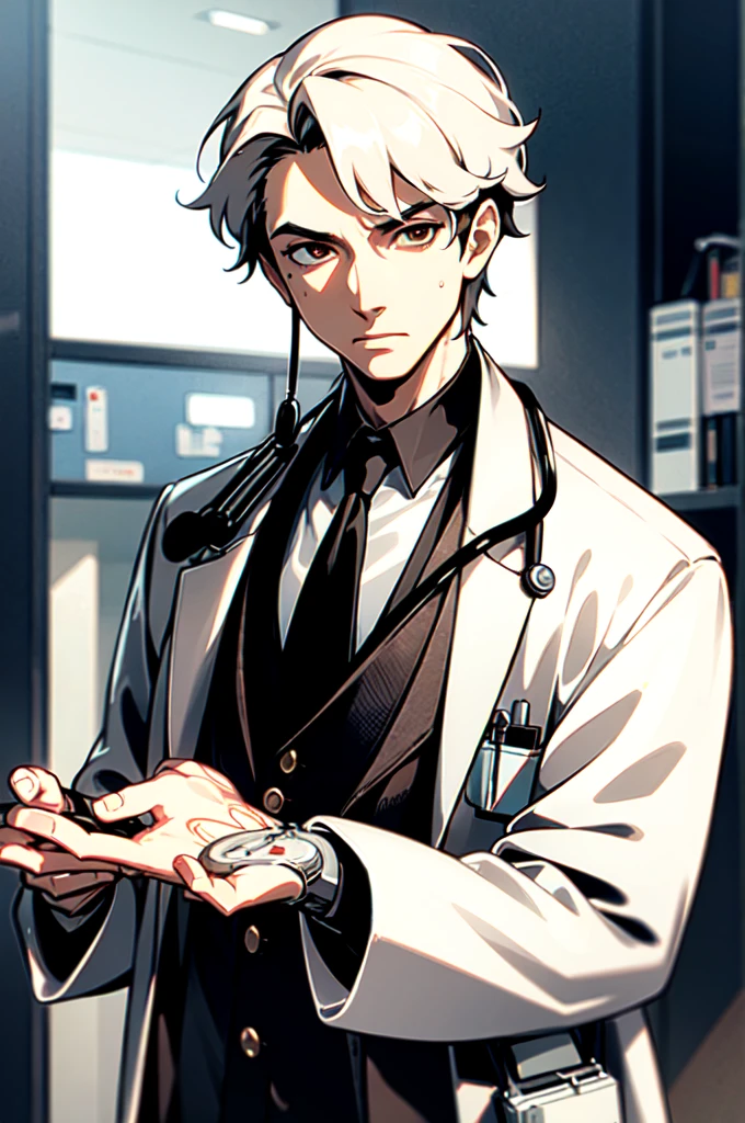 a male doctor, photorealistic, intricate details, medical uniform, stethoscope, medical equipment, professional, serious expression, detailed facial features, hyper realistic skin, detailed hands, office background, natural lighting, cinematic composition, warm color tones, highly detailed, 8k, masterpiece
