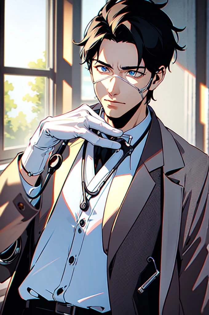 a male doctor, photorealistic, intricate details, medical uniform, stethoscope, medical equipment, professional, serious expression, detailed facial features, hyper realistic skin, detailed hands, office background, natural lighting, cinematic composition, warm color tones, highly detailed, 8k, masterpiece