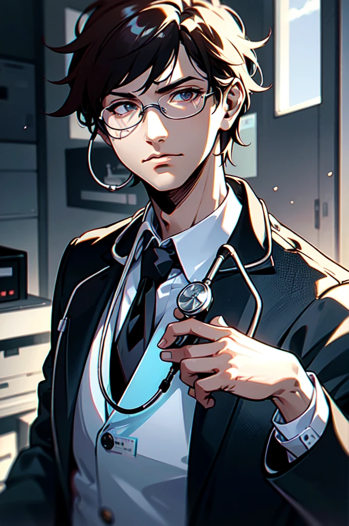 a male doctor, photorealistic, intricate details, medical uniform, stethoscope, medical equipment, professional, serious expression, detailed facial features, hyper realistic skin, detailed hands, office background, natural lighting, cinematic composition, warm color tones, highly detailed, 8k, masterpiece