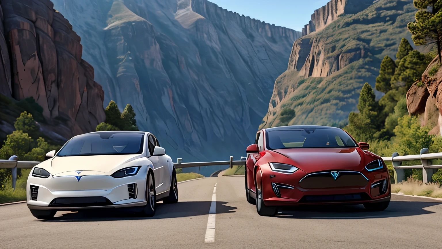 Two Teslas racing on a mountain road