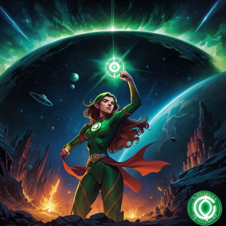 A captivating piece of pop art by artist Cepriu, featuring a seductive Green Lantern elf flying through space. The illustration has a vintage comic book feel, with the lovely elf looking at the viewer, displaying a luminescent Green Lantern ring on her finger, her fist clenched and leaving a trail of swirling green energy in her wake. The background shows the vastness of space, with a distant Earth visible. This work combines elements of illustration, typography, poster design and painting to create a dark fantasy masterpiece., typography, illustration, painting, poster, dark fantasy