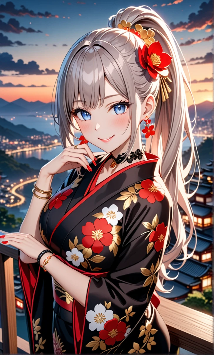 ultra-detailed, ((one girl)),  hyper detailed, absurdres, 8K, Beautiful Face, (Laugh shyly), ((teasing smile:1.8)), ((Wink:1.8)), (Laugh with your mouth wide open),(Tilt your head:1.3),(Put your hand over your mouth:1.8), View your viewers, ((Bright red cheeks:1.6)),Glossy Red Lips, ((Big Breasts:1.5)), (valley),night, You can see the sea horizon, firework, (Brighten your face), Woman in black kimono, ((Anime style background)),masterpiece, Highest quality, so beautiful,Latest, Complex details, (Pink long nails), (nail art), (ring),(bracelet), (Floral Choker),AI-generated, Complex,High resolution, Highest quality, super high quality,3D Images、3D Images,One person,(Silver long hair),(High Ponytail), Anime woman posing for a photo, ((Fine grain、blue eyes、glowing eyes:1.4)), (White eyes), (Squint your eyes:1.1),a hyperRealistic , hyperRealistic , Realistic,  White long hair anime woman, Smooth anime CG art, A girl in a gorgeous kimono with gold embroidery, ((black furisode:1.5),(Red large floral pattern) ,Long flower hair ornament,Floral Earrings,Mature Body, tall,Abdominal muscles,Tight waist, ((learning forword+looking down+from above:1.7))