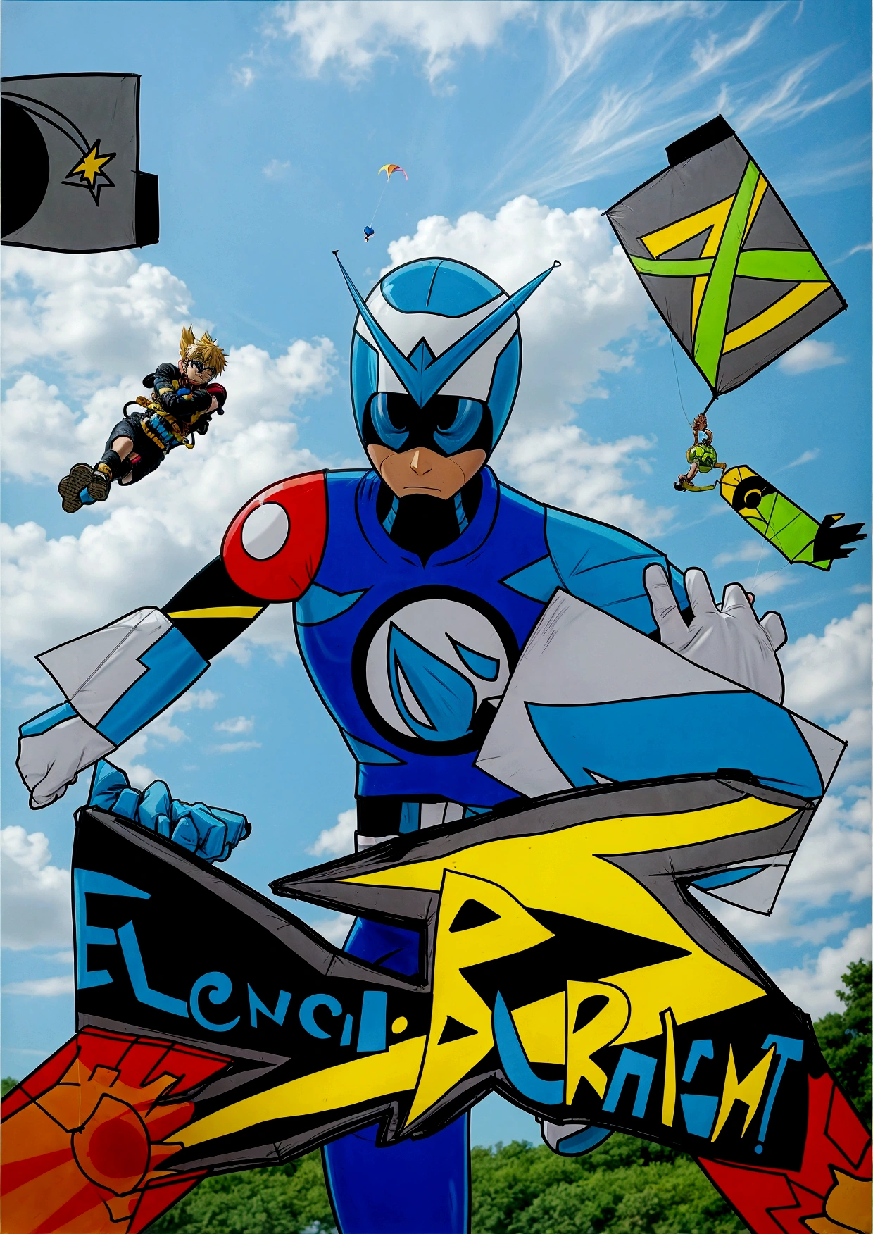 there is a cartoon of a man holding a kite and a sign, an epic anime of a energy man, promotional art, comic book's cover, official art, official artwork, promotional artwork, flying anime esper, comic cover, tekkon kinkret, kamen rider character, g - man ending, anime cover, digital art!!, eboy, art cover