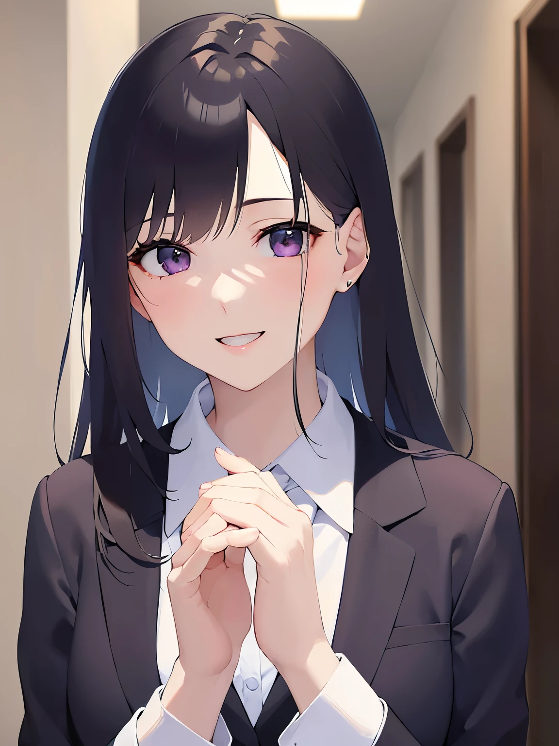 clasping own hands、Biologically correct five fingers、Realistic, real person, (pale skin: 1.2), RAW photo, photorealistic, shiny skin, shiny hair、(A 25-year-old woman with straight hair and bangs) and (medium hair) and (black hair) and (purple eyes) , (business suit:1.5) and (white collared shirt)、(smile:1.5), open mouth, The background is a company corridor、Alone、