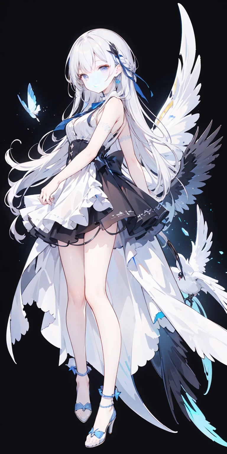 Oil painting frame,Big Perspective,Wide Angle,Impactful graphics,floating,sideways,Character Close-up,4K,masterpiece,best quality,ruins,(Transparent skirt,black background),Clear,master,Various actions,Full body portrait,portrait,1 female, (Mature),Long face,Pointed face,White long hair,Fairy,gemstone crow,Wings Dress, Mecha,Fairy air,ribbon, diamond, Bare shoulders, crow, Looking at the audience, in the sky, fLight, Vibrant colors, Light, masterpiece, best quality, flight,Mature,asymmetrical clothes,HighLights,Long skirt,Own,Personal Photography