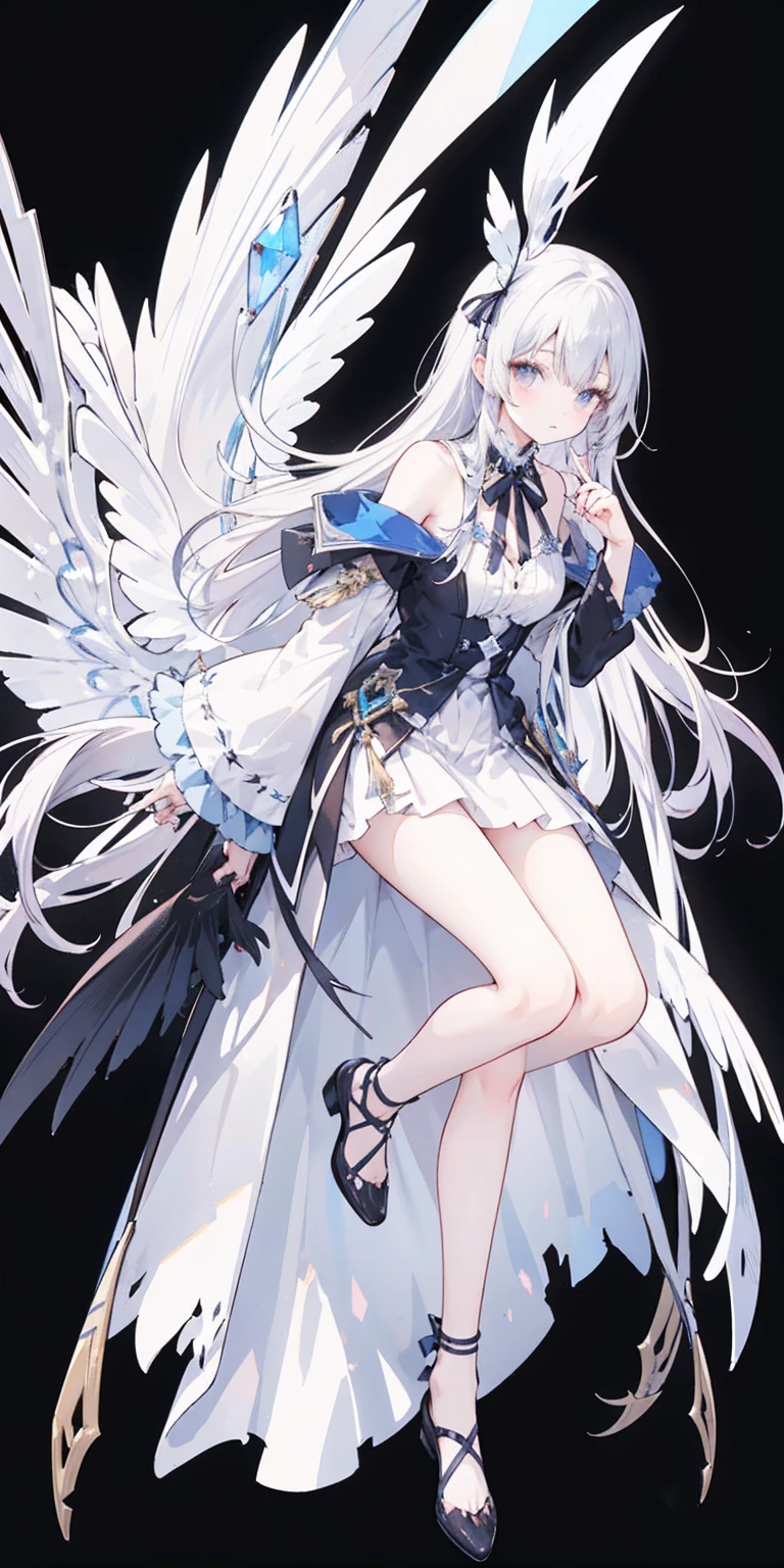 Oil painting frame,Big Perspective,Wide Angle,Impactful graphics,floating,sideways,Character Close-up,4K,masterpiece,best quality,ruins,(Transparent skirt,black background),Clear,master,Various actions,Full body portrait,portrait,1 female, (Mature),Long face,Pointed face,White long hair,Fairy,gemstone crow,Wings Dress, Mecha,Fairy air,ribbon, diamond, Bare shoulders, crow, Looking at the audience, in the sky, fLight, Vibrant colors, Light, masterpiece, best quality, flight,Mature,asymmetrical clothes,HighLights,Long skirt,Own,Personal Photography