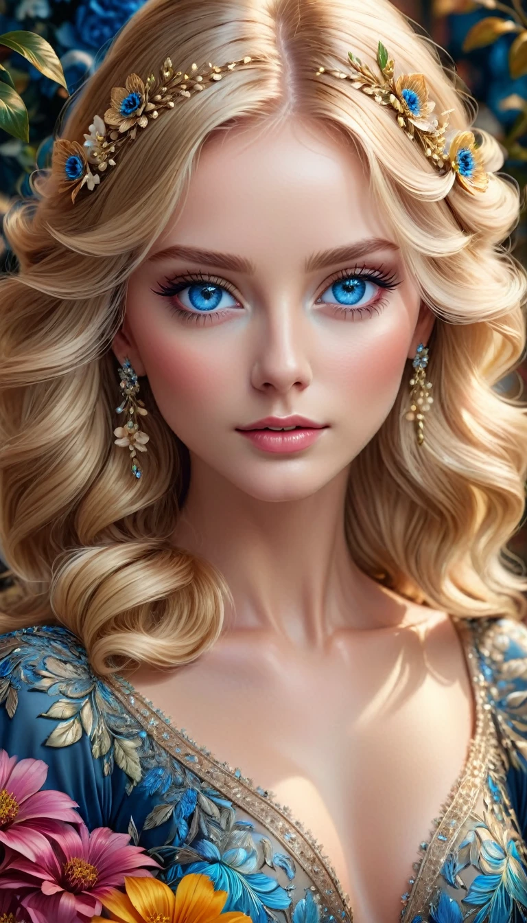 Beautiful blonde haired blue eyed woman, Elegant and exquisite, flower, Highly detailed face, Detailed eyes, beautiful long eyelashes, complicated details, Award-winning digital art, movie light, Amazing color, realistic, 8K, Masterpiece