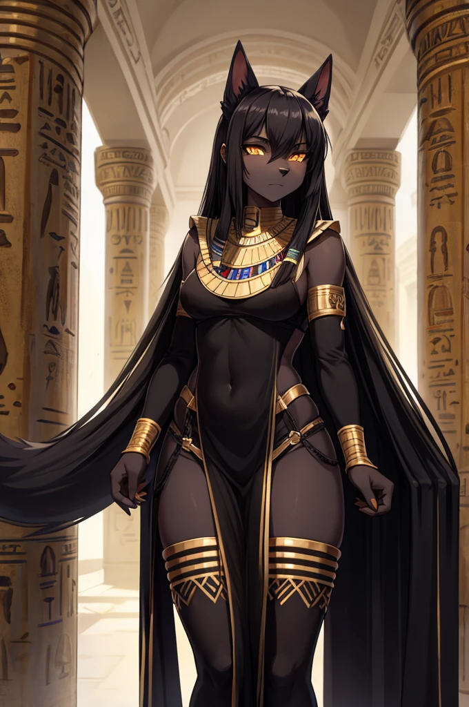A Hellhound,Black Hellhound,Hellhound Face,Solitary,Light gauze garment,Fur on the body,Hair covers the whole body,hairy,Egyptian cat,Egyptian,Black Hellhound,Black hair,Black Hair,upright,Willow waist,Black tail,Hellhound female body,Golden eyes,Half Hellhound,Cassiopatra,Show your thighs,Show your arms