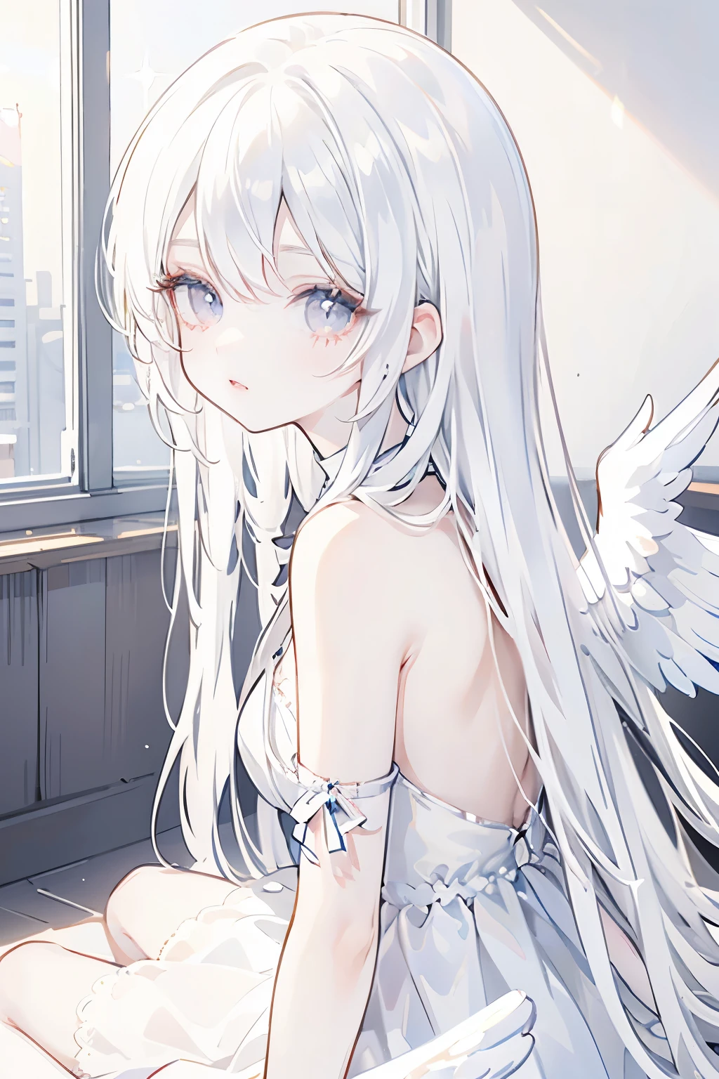 best quality, beautiful, absurdres, woman, neutral, sitting on the floor, looking at viewer, long hair, white hair, with sparkling eyes, white eyes, eyes open, pale skin, tall, dress, teenager, white background, beautiful, soft lines, upper body, from side, overhead shot, with angel wings on back,Close me
