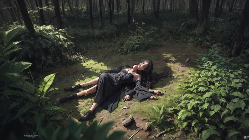 a beautiful gothic girl resting in the forest from above, long dark hair, pale skin, dark makeup, black lace dress, moody atmosphere, warm lighting, lush foliage, moss covered logs, high quality, cinematic, dramatic, conceptual, dark fantasy