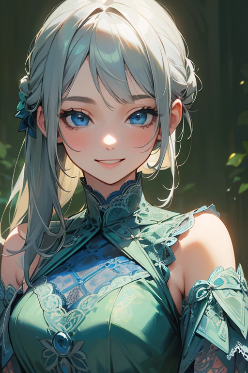 (masterpiece: 1.2, Highest quality), (Actual Photos, Intricate details), 1. woman, alone, Upper Body, casual, Shoulder-length hair, Minimal makeup, Natural materials, Face close-up, smile, Home, Gray Hair, blue eyes, Shoulder Bare、Smiling with teeth showing、((Green lace outfit))、((Blue eyes))