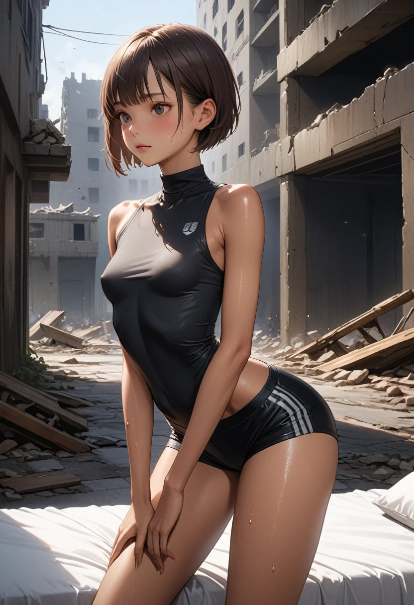 (masterpiece,Highest quality:1.3,best quality illustration,realistic),cowboy shot,1woman,30 year old Japanese beauty,Special Forces Female Soldier、((very small head:1.2)),brown short bob hair,bangs,brown eyes,gorgeous eyes,blush,small breasts,((very long body:1.2)),((toned body,slender body,skinny,tan skin)),(Black turtleneck、Short sleeve、Black tactical vest、Black shorts),gleaming skin,shiny skin,sweat,standing,Simple bed、Simple bedroom、Collapsed building、ruins、at night、